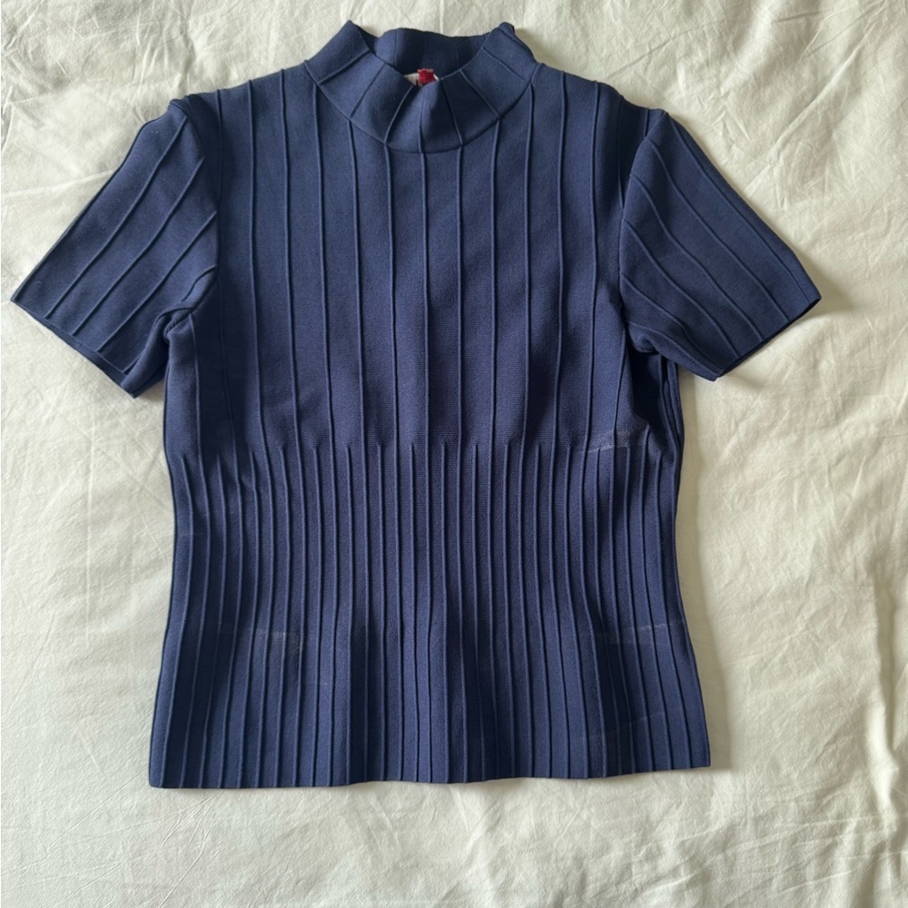 STAUD Blue Short Sleeve Ribbed Blouse